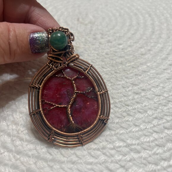Gorgeous PINK SOLAR AGATE & JADE Handmade COPPER WIRE-WRAPPED Pendant/Chain 177D - Picture 2 of 3